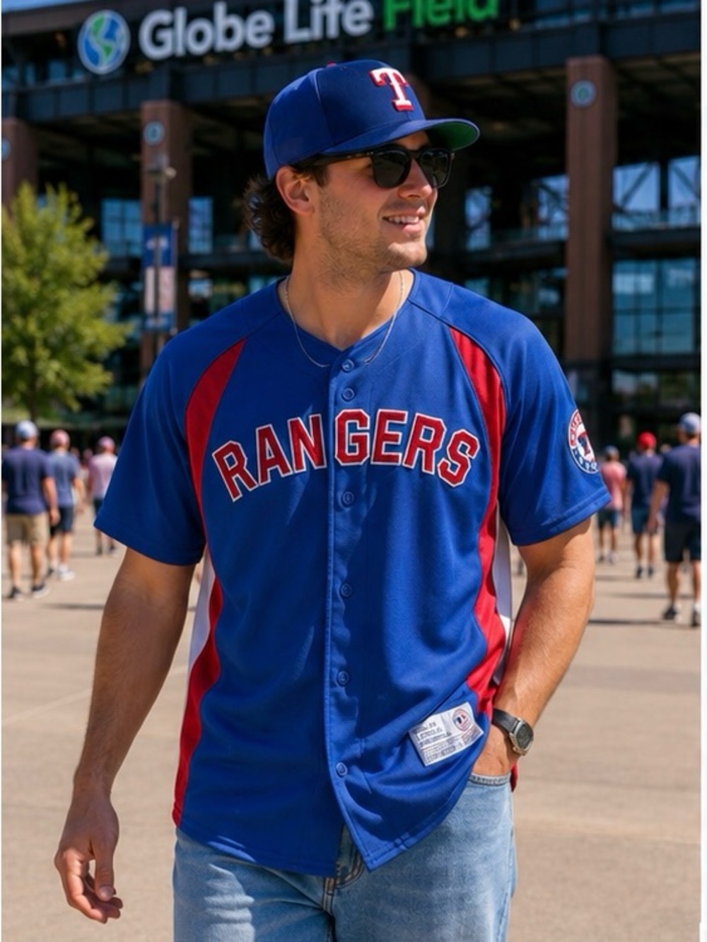 Texas Rangers MLB Dynasty Series Baseball Jersey Blue Button Front Mens L